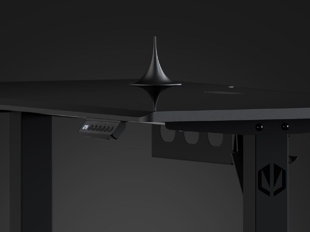 Biurko ENDORFY Atlas S Electric Czarny Blat biurka ENDORFY Atlas S Electric z wirującą zabawką bączkiem, symbolizującą stabilność stalowa konstrukcja dodatkowy wspornik