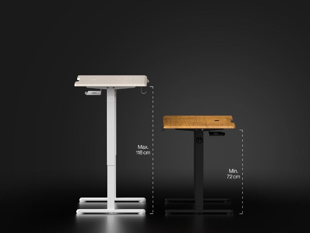 Biurko ENDORFY Atlas S Electric Jasne Drewno – porównanie zakresu regulacji wysokości od 72 do 118 cm Elektryczny mechanizm dopasowanie do potrzeb