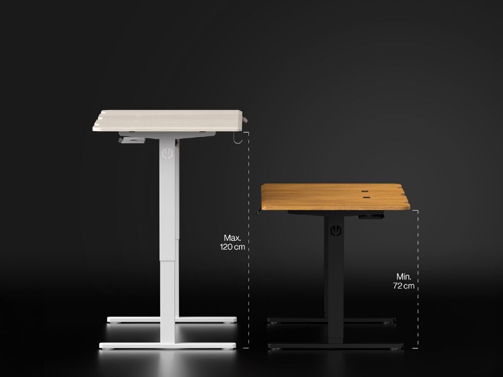 Biurko ENDORFY Atlas L Electric Jasne Drewno – porównanie zakresu regulacji wysokości od 72 do 120 cm Elektryczny mechanizm dopasowanie do potrzeb