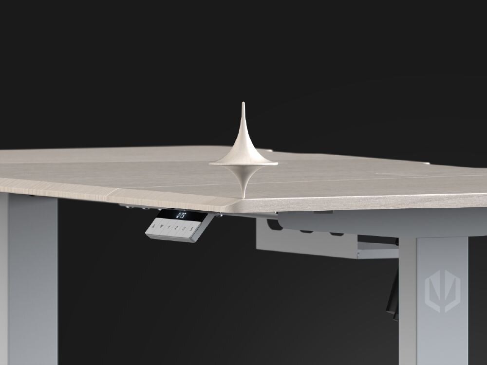 Biurko ENDORFY Atlas L Electric Jasne Drewno Blat biurka ENDORFY Atlas L Electric z wirującą zabawką bączkiem, symbolizującą stabilność stalowa konstrukcja dodatkowy wspornik