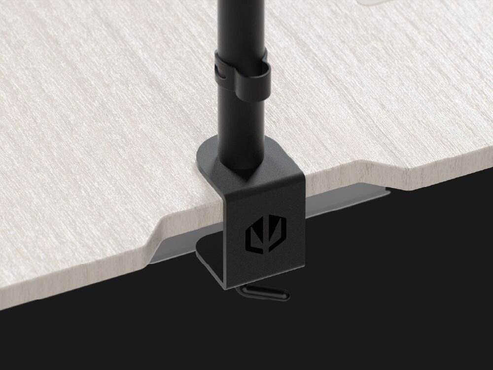 Biurko ENDORFY Atlas L Electric Jasne Drewno Wycięcie na tyle blatu biurka Endorfy Atlas L Electric, z zamontowanym uchwytem na monitor frezowane wycięcie montaż na uchwyt do monitora prowadzenie przewodów półka pod blatem