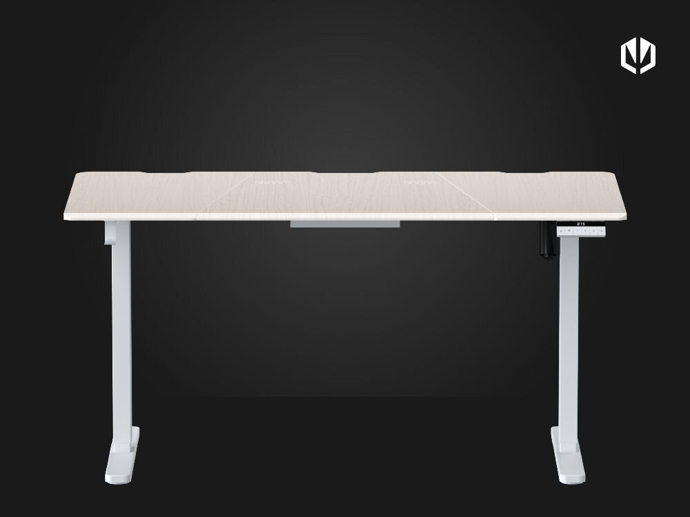 Biurko ENDORFY Atlas L Electric Jasne Drewno Całkowity widok biurka z frontu szerokość blatu gracze twórcy przemyślane rozwiązania