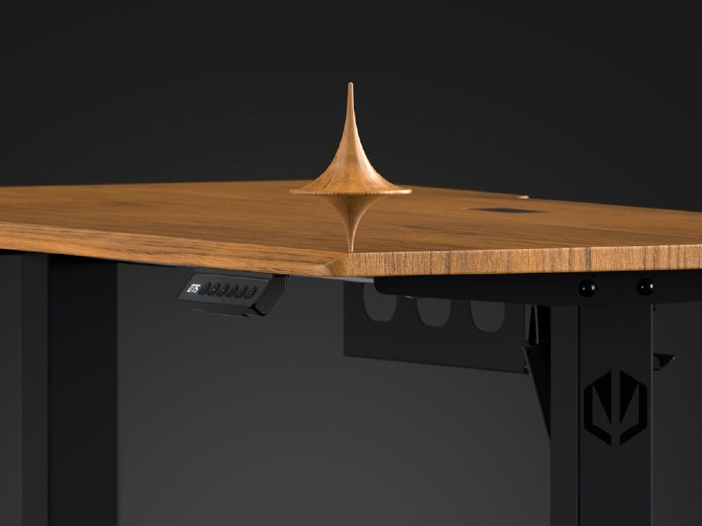 Biurko ENDORFY Atlas S Electric Ciemne Drewno Blat biurka ENDORFY Atlas S Electric z wirującą zabawką bączkiem, symbolizującą stabilność stalowa konstrukcja dodatkowy wspornik