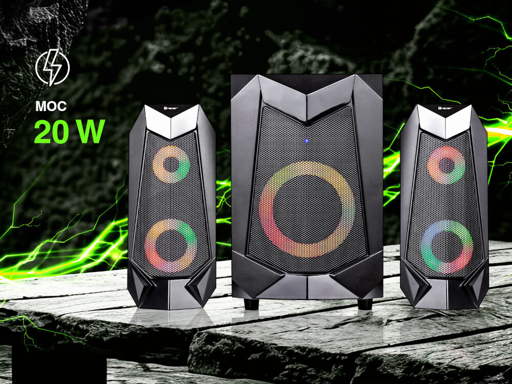 TRACER Hi-Cube RGB Flow BT gamingowy zestaw efekt WOW podświetlenie RGB kompaktowy design, głóśniki stojące na drewnianym, mokrym pomoście