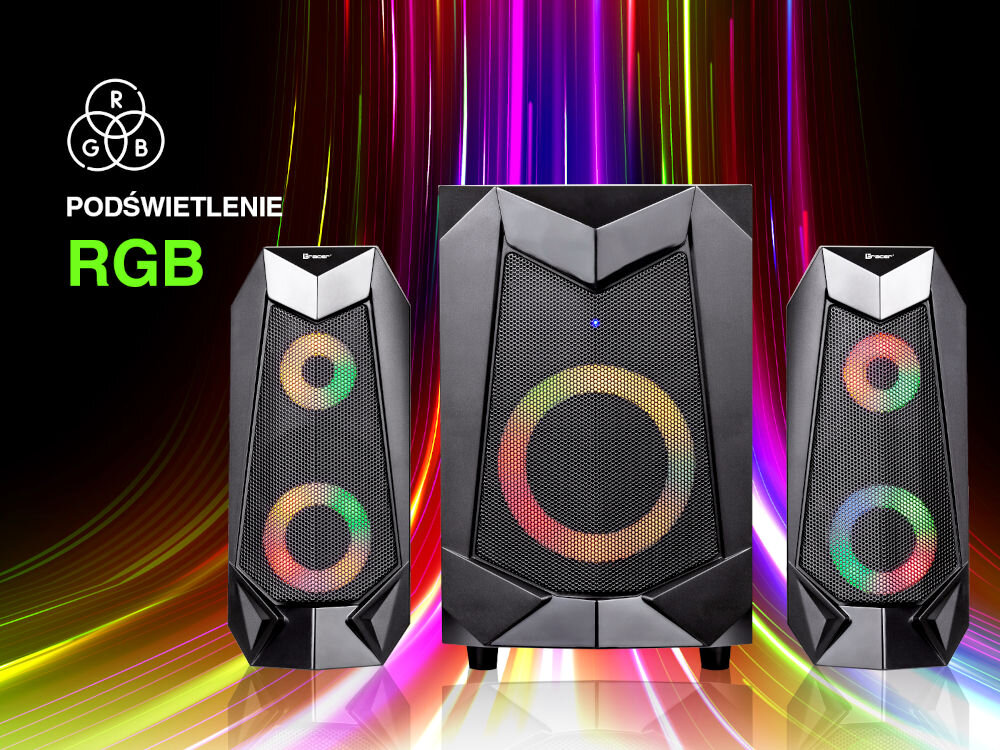 TRACER Hi-Cube RGB Flow BT podświetlenie RGB LED klimat gry muzyka, głośniki stojące na podświetlanej różnokolorowej podłodze
