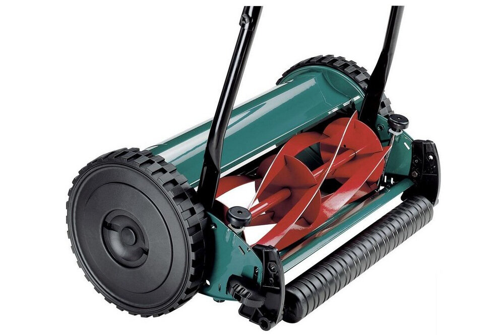 Kosiarka ręczna BOSCH AHM 30 bębnowy system cięcia z 4 profilowanymi zębami z hartowanej stali bezstopniowa regulacja wysokości koszenia w zakresie 12-40 mm szerokość robocza do 30 cm blokafda Click