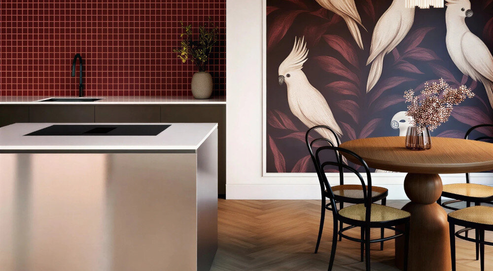 Kuchnia z wyspą o białym blacie i czarną płytą grzewczą, w tle czerwone kafelki i tapeta z białymi ptakami. Na stole okrągłym z drewnianymi krzesłami stoi wazon z kwiatami.