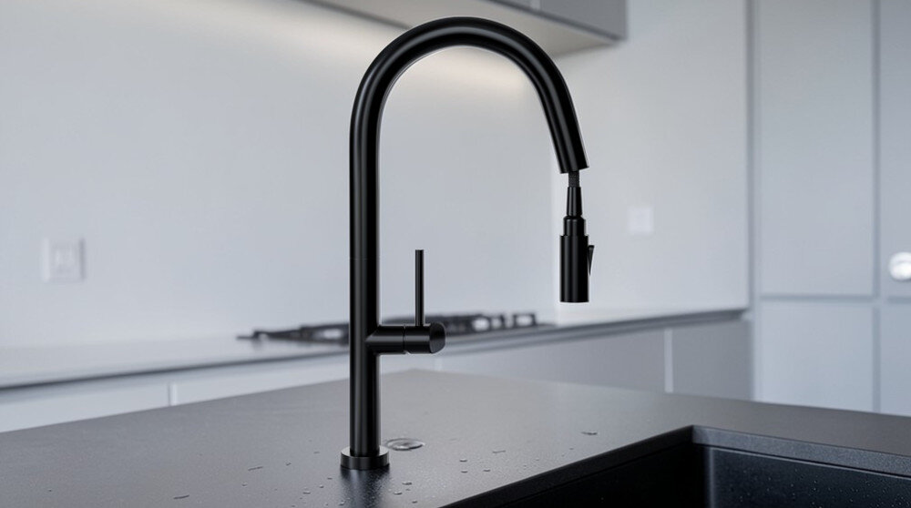 Czarna bateria kuchenna z wyciąganą wylewką zamontowana na blacie w nowoczesnej kuchni. W tle widoczne są szafki kuchenne i płyta grzewcza.