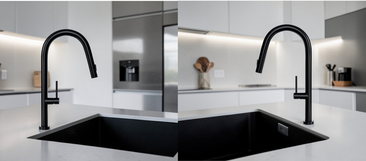Na obrazie widoczna jest czarna bateria kuchenna z wyciąganą wylewką zamontowana na blacie przy zlewie. W tle znajduje się nowoczesna kuchnia z jasnymi szafkami i metaliczną lodówką.