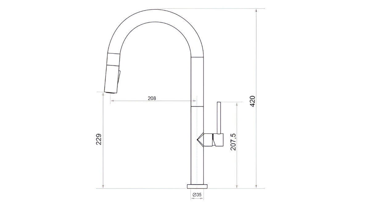 Schemat techniczny baterii kuchennej z wyciąganą wylewką, z wymiarami: wysokość 420 mm, zasięg wylewki 208 mm, średnica podstawy 35 mm.