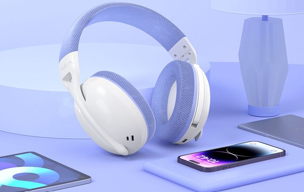 AULA S6 Black – słuchawki Bluetooth z donglem 2,4 GHz i połączeniem USB, słuchawki oparte o niebieski postument