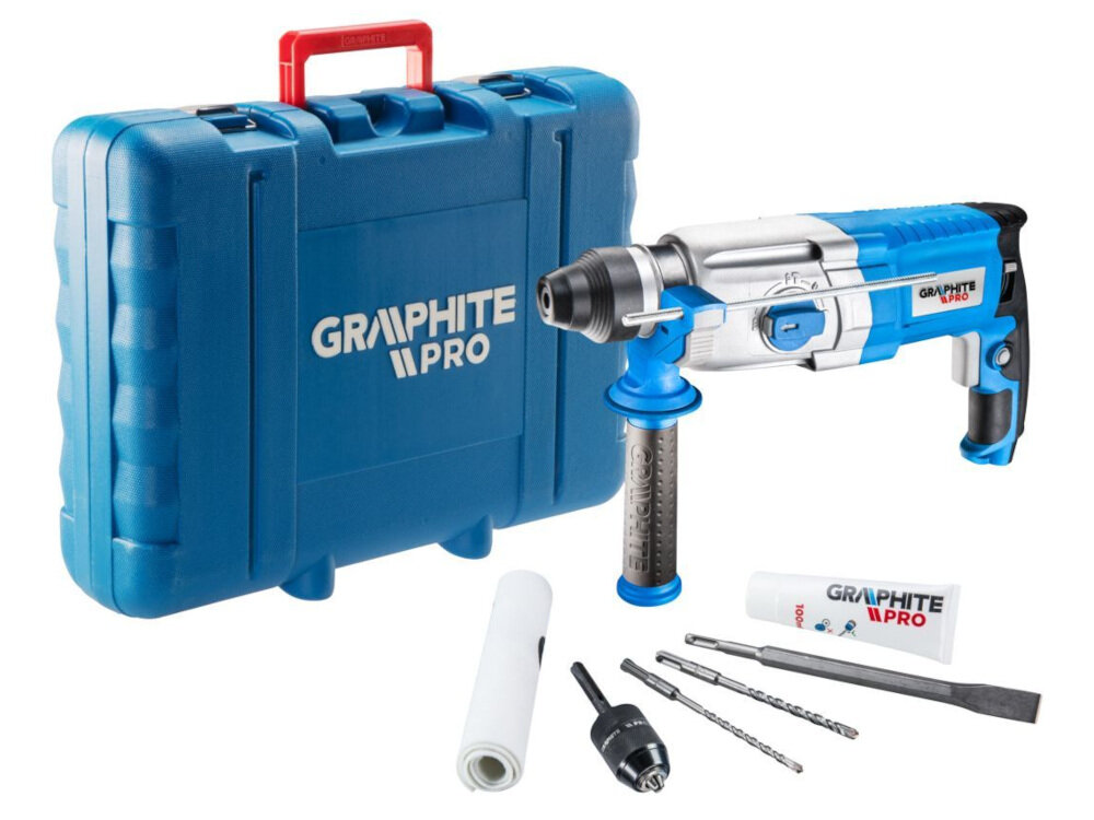 Młot udarowo-obrotowy GRAPHITE PRO 59GP501 w zestawie walizka ścierka uchwyt wiertarski z adapterem wiertło SDS+ 6x150 mm i 8x150 mm smar do wrzeciona 100 ml dłuto płaskie instrukcja obsługi w języku polskim karta gwarancyjna