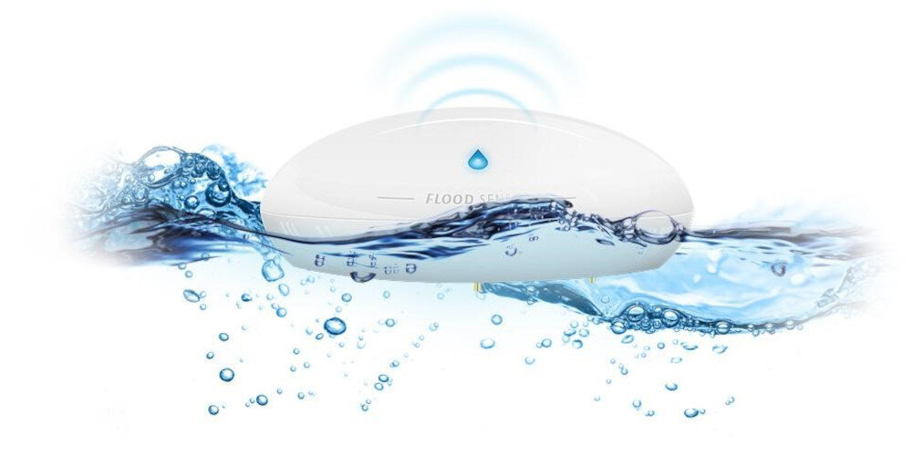Czujnik zalania FIBARO FGFS-101 ZW5 estetyczne urządzenie z lśniącego tworzywa teleskopowe sondy pokryte 24-karatowym złotem