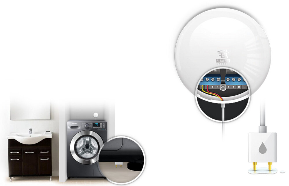 Czujnik zalania FIBARO FGFS-101 ZW5 sygnał dźwiękowy wizualna dioda błyskawiczna aktywacja odcięcia dopływu wody