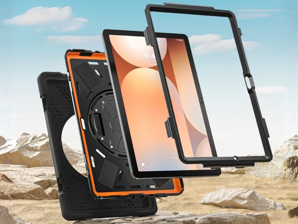 Etui 4SMARTS Rugged Case Grip
                etui rozłożone na części tablet sztywna obudowa poliwęglan elastyczna warstwa tpu zabezpiecza urządzenie zamykane wycięcia na porty