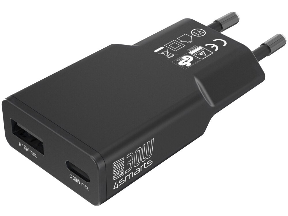 Ładowarka sieciowa 4SMARTS FlatPlug Duos 30W GaN
                ładowarka na białym tle technologia gan zmniejszone nagrzewanie stabilna praca niewielkich rozmiarów obudowa