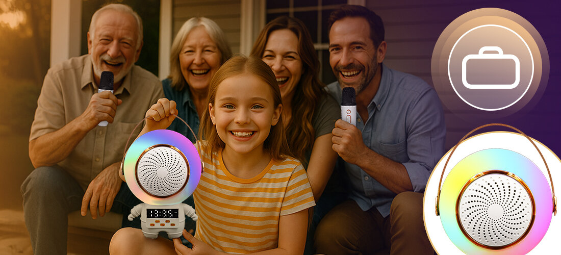 Zestaw Karaoke MUSICMATE SC90 KaraoNaut — bateria 1200 mAh, USB-C, Bluetooth, USB, microSD, AUX, radio FM, zegar z budzikiem, dziecko trzymające głośnik za uchwyt, dorośli trzymający mikrofony w ręku