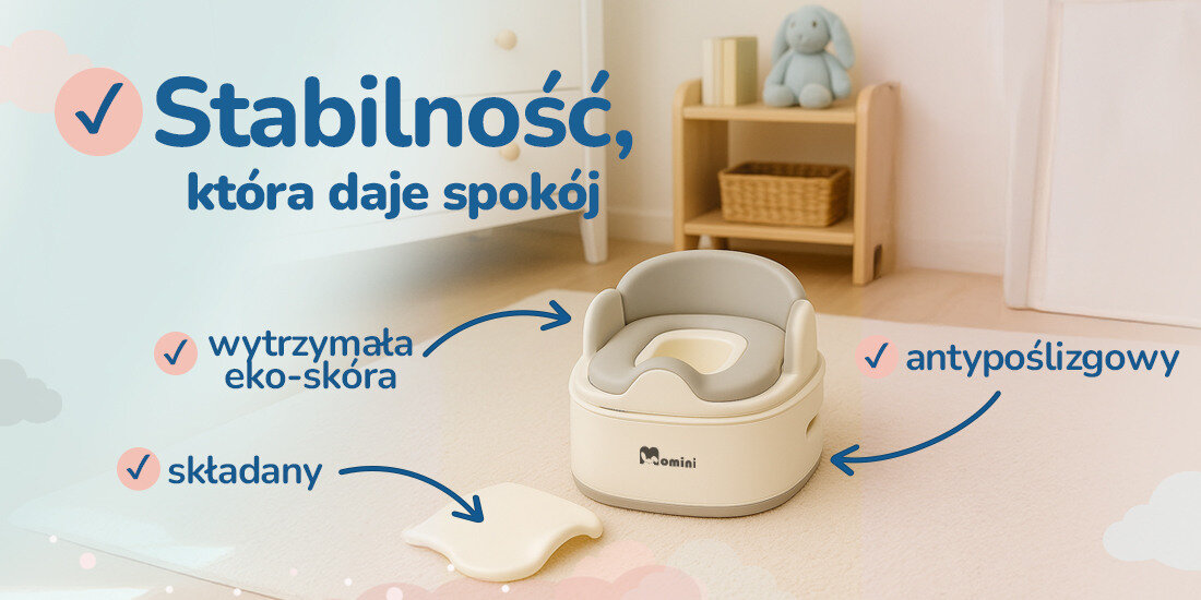 Wielofunkcyjny nocnik dla dzieci MOMINI 3w1 Softi Grey rośnie z dzieckiem  od 12 miesiąca życia z miękkim siedziskiem nakładka na sedes funkcjonalny podest zaokrąglone krawędzie praktyczne rozwiązanie