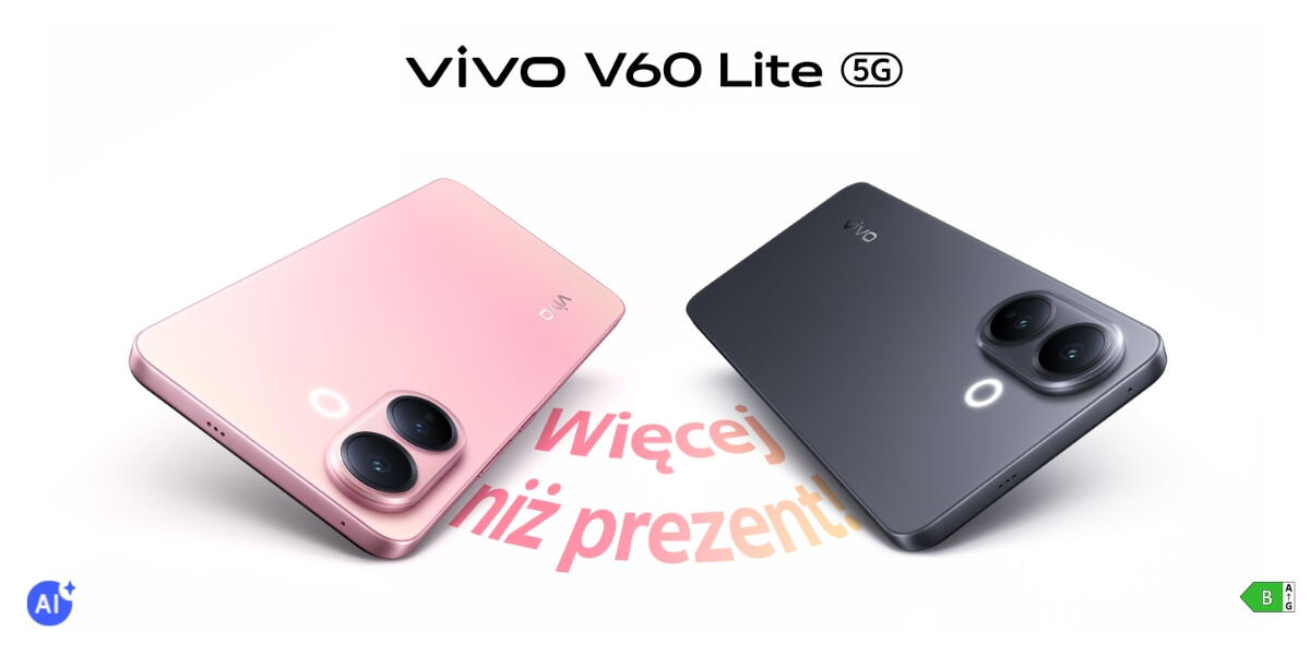Dwa smartfony vivo V60 Lite 5G, jeden w kolorze różowym, a drugi w ciemnoszarym, położone tyłem do góry pod kątem. Widoczne są podwójne moduły aparatów i lampy pierścieniowe. Pomiędzy nimi napis: Więcej niż prezent. Na górze: vivo V60 Lite 5G.