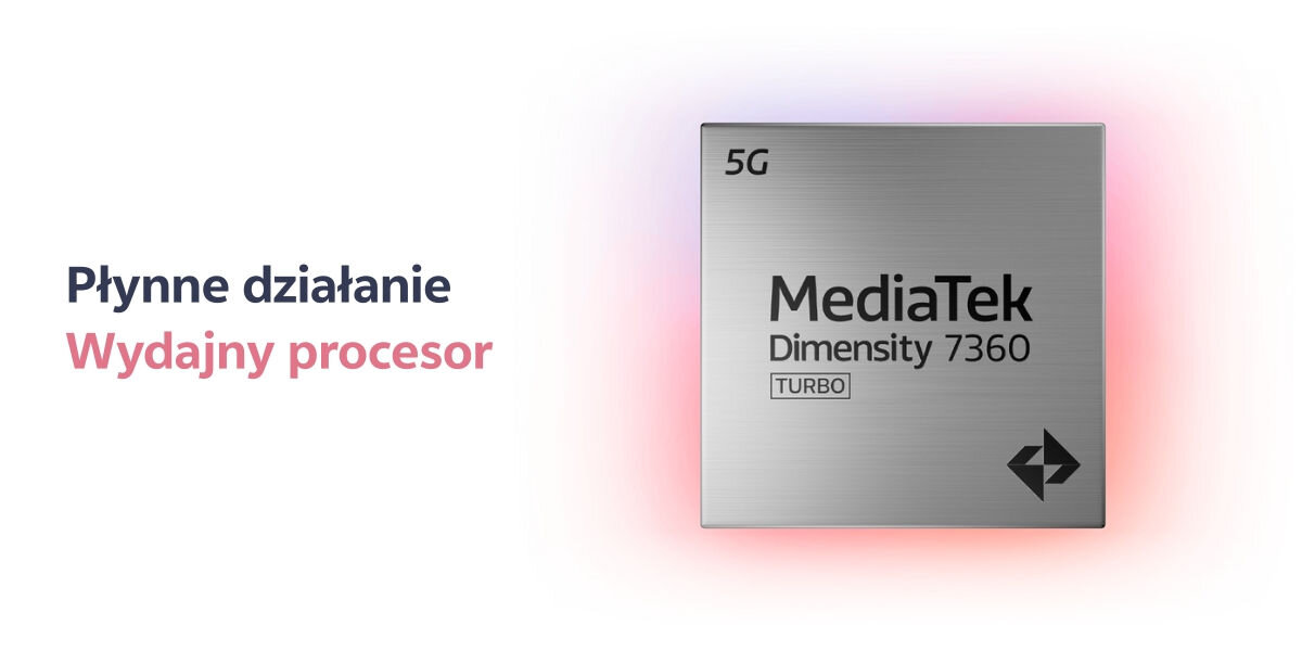 Smartfon VIVO V60 Lite 5G 8/256GB 6.77 120Hz  wydajny procesor nowej technologii Procesor MediaTek Dimensity 7360 Turbo z oznaczeniem 5G leżący na podświetlanym tle. Tekst obok: Płynne działanie Wydajny procesor