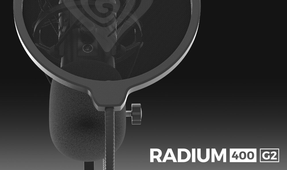 Mikrofon GENESIS Radium 400 G2 Zbliżenie na pop filtr zamontowany przed mikrofonem, na tle widoczne logo producenta oraz napis „Radium 400 G2”, opis