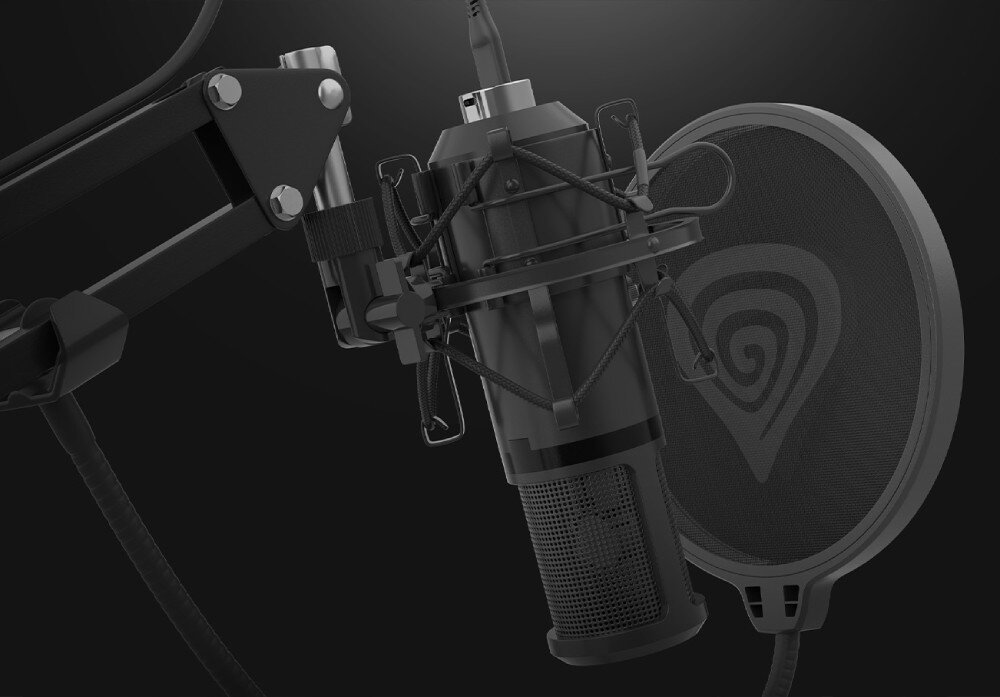 Mikrofon GENESIS Radium 400 G2 Mikrofon zamontowany na ramieniu z pop filtrem, uchwytem antywstrząsowym i przewodem, widziany z boku, przeznaczenie, zastosowanie, podłączenie, port