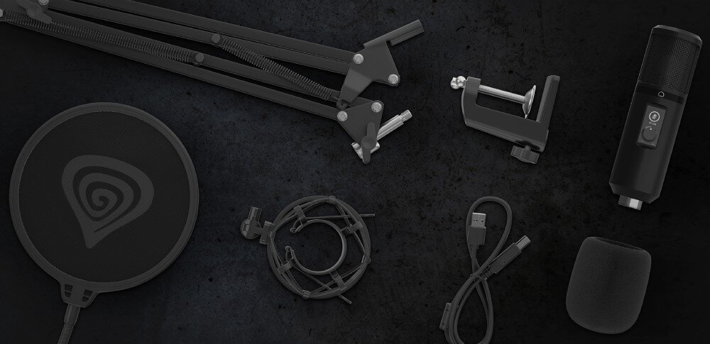 Mikrofon GENESIS Radium 400 G2 Rozłożony zestaw akcesoriów: ramię mikrofonowe, pop filtr, uchwyt montażowy, mikrofon, kabel USB, uchwyt antywstrząsowy i osłona przeciwwietrzna, zestaw