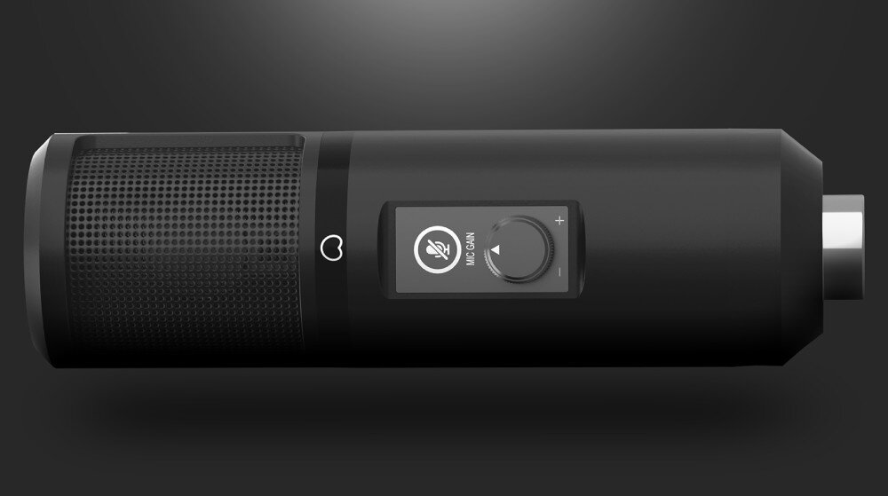 Mikrofon GENESIS Radium 400 G2 Mikrofon widziany z boku, z widocznym pokrętłem do regulacji czułości oraz przyciskiem wyciszenia, regulacja wzmocnienia, przycisk wyciszenia
