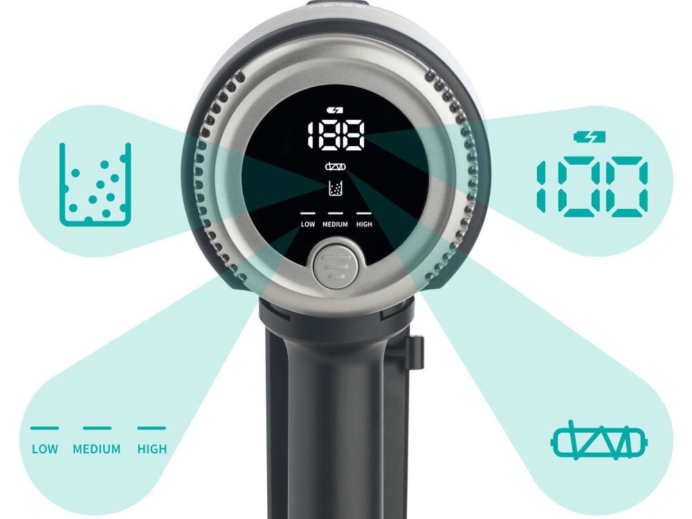 Odkurzacz HISENSE HVC676451DA inteligentny wyświetlacz LED pełna kontrola nad urządzeniem stan naładowania baterii wybrana prędkość pracy niska średnia wysoka wskaźnik zapełnienia pojemnika na kurz pełen wgląd w pracę odkurzacza dostosowanie trybu działania zapobieganie niespodziewanym przerwom w pracy