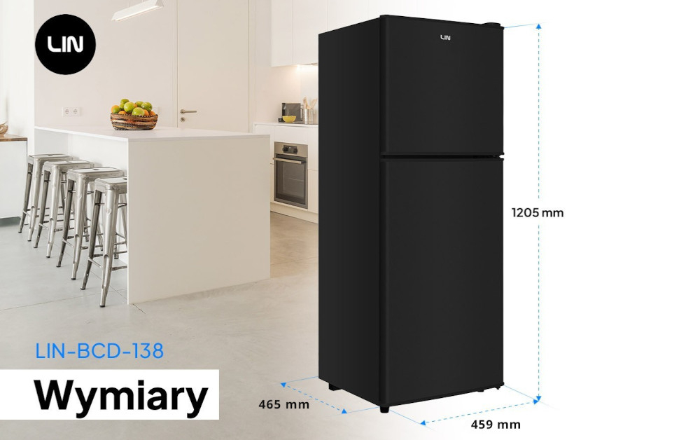 LODÓWKA LIN LI-BCD-138 CZARNA lifestyle kuchnia front zamknięte drzwi kolor czarny wymiary pojemność 72 l wnętrze półki pojemnik na jajka podział chłodzenie mrożenie