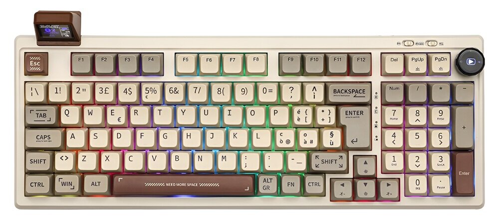 Klawiatura EPOMAKER RT100 odłączany mini wyświetlacz zegara, wskaźnika poziomu baterii czy monitora pogody Można go programować trzech trybów Bluetooth 5.0, łączności bezprzewodowej 2.4 GHz oraz przewodowej przez port USB-C Miejsce na odbiornik 2.4 GHz