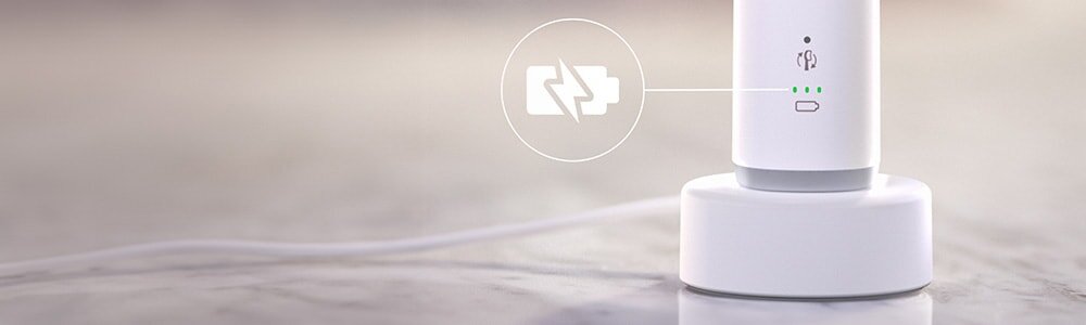 Szczoteczka podłaczona do ładowarki. Zbliżenie na ikonę baterii.