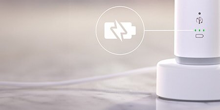 Szczoteczka podłaczona do ładowarki. Zbliżenie na ikonę baterii.