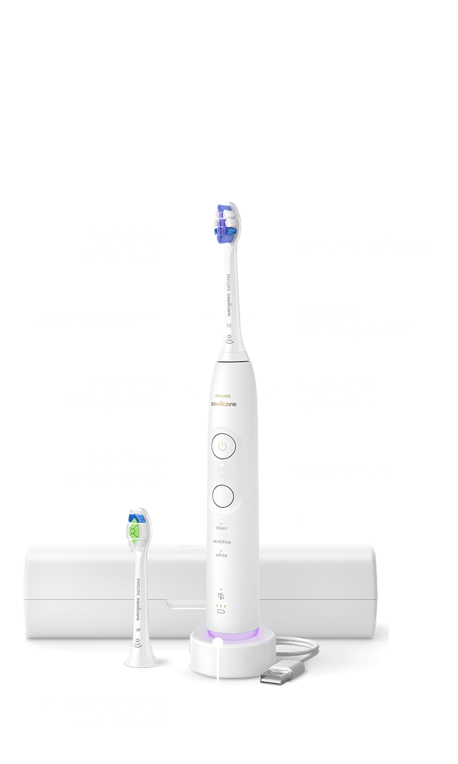 Szczoteczka umieszczona w ładowarce. Obok znajduje się etui i zapasowa końcówka.