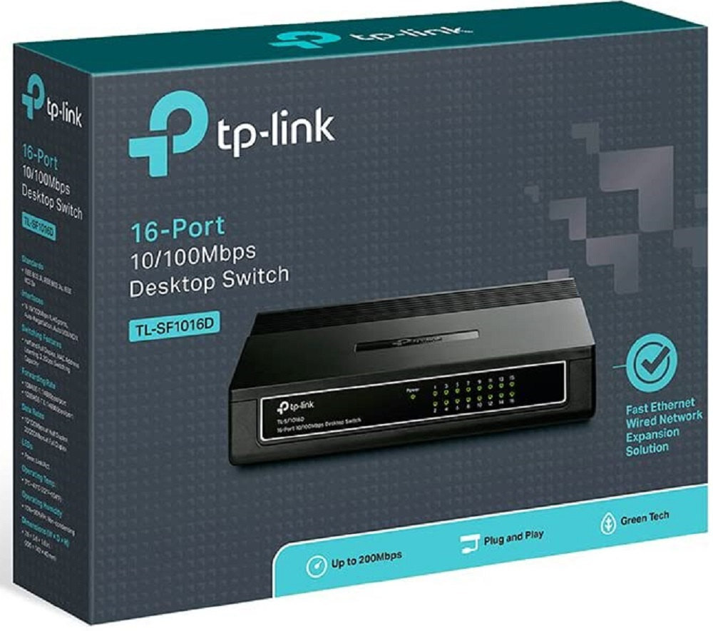 Opakowanie produktu TP-Link TL-SF1016D z widocznym obrazem przełącznika sieciowego i tekstem: \'16-Port 10/100Mbps Desktop Switch\'.