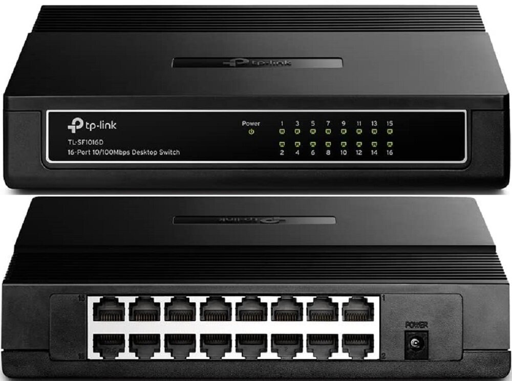 Na obrazie widoczny jest czarny switch TP-Link TL-SF1016D z 16 portami Ethernet. Na przednim panelu znajdują się diody LED oznaczone numerami portów oraz napis \'16-Port 10/100Mbps Desktop Switch\'.