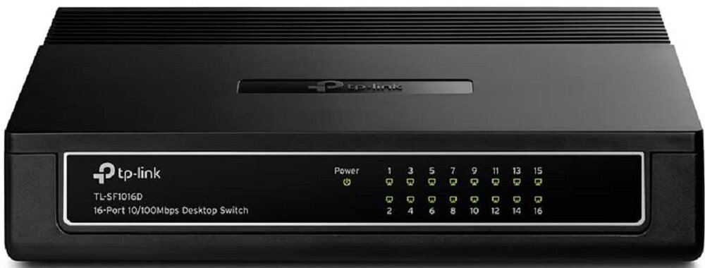 Czarny switch TP-Link z 16 portami, oznaczony jako TL-SF1016D. Na przednim panelu widoczne są diody LED oraz napisy: \'tp-link\', \'TL-SF1016D\', \'16-Port 10/100Mbps Desktop Switch\'.