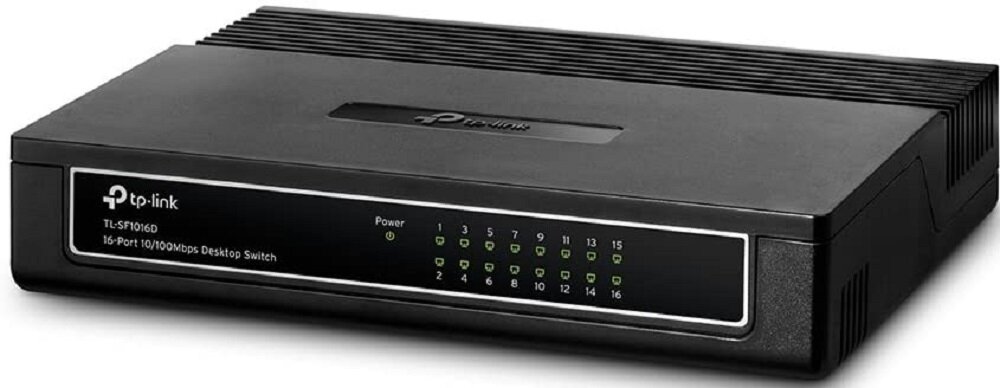 Czarny switch TP-LINK TL-SF1016D z 16 portami, na przednim panelu widoczne są diody LED oznaczone numerami od 1 do 16 oraz napisy: \'Power\', \'TL-SF1016D\', \'16-Port 10/100Mbps Desktop Switch\'.