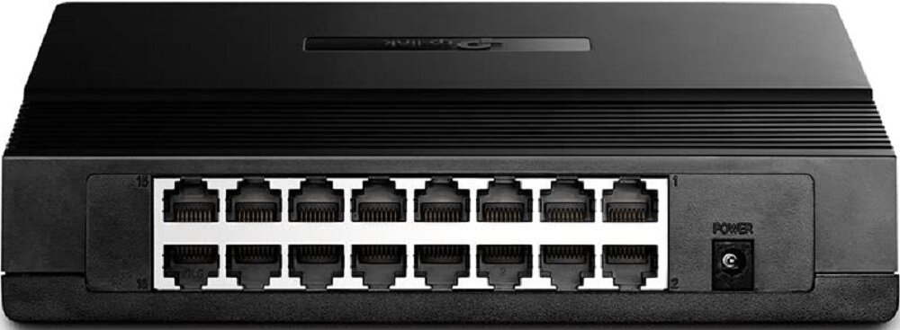 Czarny switch sieciowy z 16 portami Ethernet i przyciskiem zasilania oznaczonym jako \'POWER\'. Na górze urządzenia widoczne jest logo TP-LINK.
