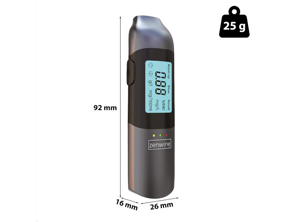 Na obrazie widoczny jest alkomat z wyświetlaczem pokazującym wynik 0.88, z oznaczeniami \'Warm up\', \'Blow\', \'Result\', \'g/l\', \'mg/100ml\'. Obok urządzenia znajdują się wymiary 92 mm, 16 mm, 26 mm oraz ikona wagi z napisem \'25 g\'.