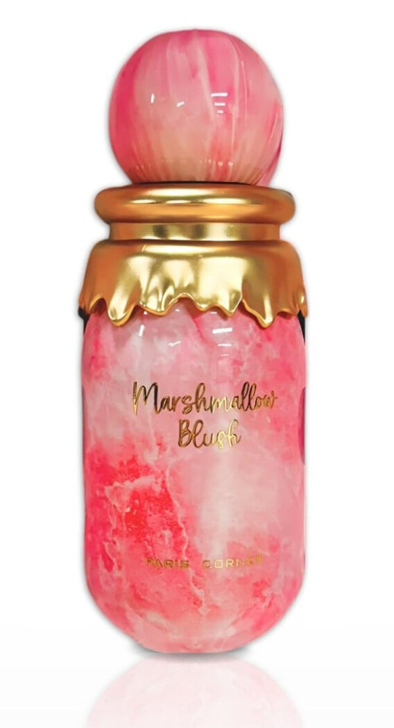 Butelka perfum o różowo-złotym wzorze z napisem \'Marshmallow Blush\' oraz \'Paris Corner\'.