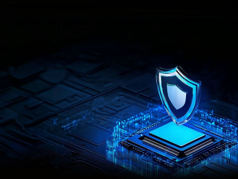 METZ 32MQF7030Z ochrona prywatności, aktualizacje, bezpieczeństwo danych, chipset z tarczą ochronną na ciemnym tle