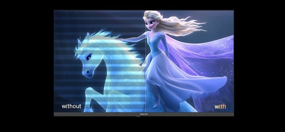 METZ 32MQF7030Z brak migotania, płynny obraz, komfort oglądania, osoby oglądająca program w telewizji, telewizor od frontu na ciemnym tlee