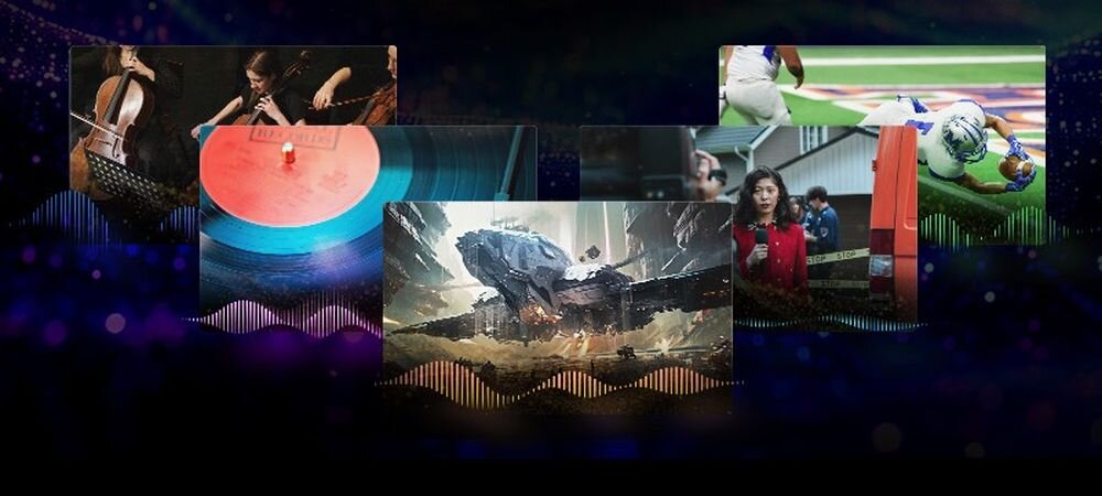 METZ 32MQF7030Z spersonalizowany dźwięk, Acoustic Lab, wysokiej jakości brzmienie, 5 telewizorów z różnymi obrazami na ciemnym tle