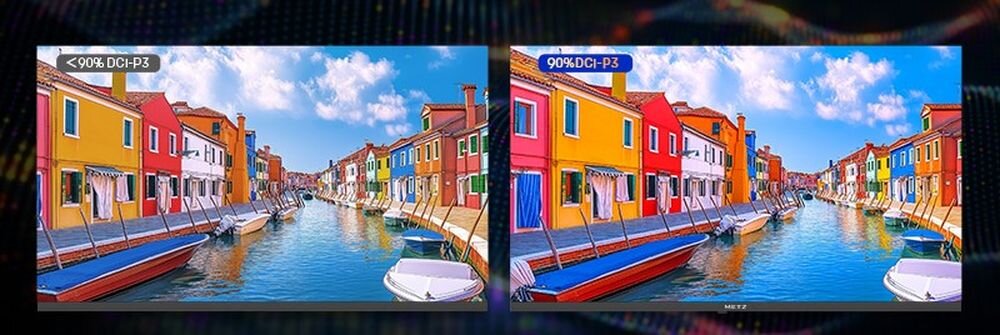 METZ 32MQF7030Z Quantum Dot, żywe kolory, realistyczny obraz, dwa telewizory na ciemnym tle