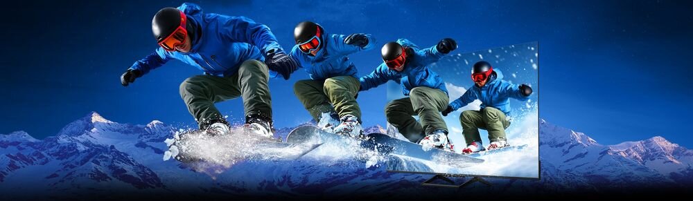 Telewizor METZ 43MQF7500Z MEMC płynny obraz komfort, osoba jakcząca na desce snowboardowej na tle gór