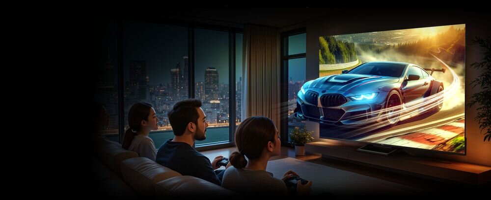 Telewizor METZ 43MQF7500Z Game Hub niski input lag, osoby siedzące na kanapie trzymające kontrolery w ręku