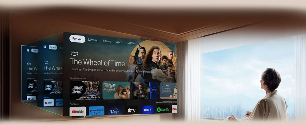 Telewizor METZ 43MQF7500Z regulacja tekstu czytelność, telewizor zawieszony na ścianie w pomieszczeniu