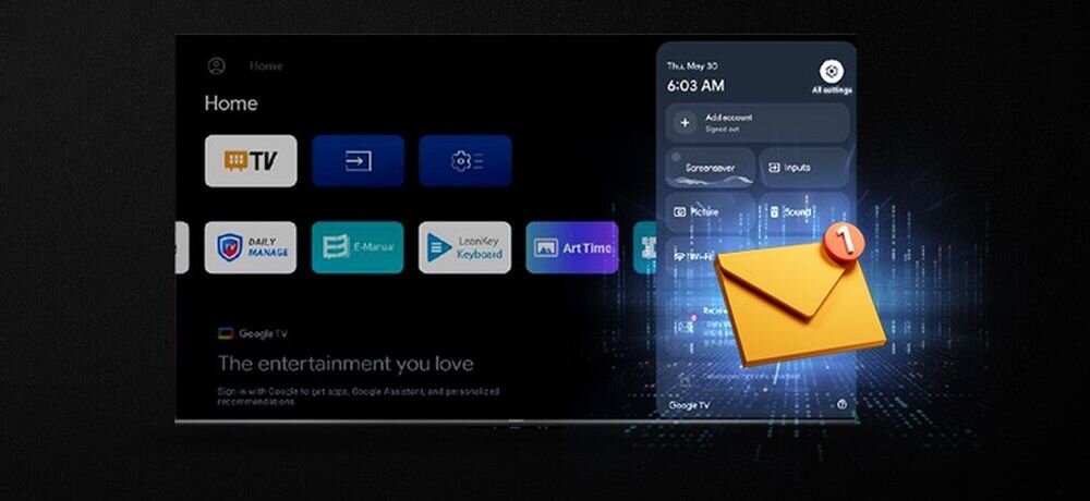 Telewizor METZ 43MQF7500Z Daily Email poczta e-mail, telewizor od frontu na czarnym tle, smartfon, ikona poczty