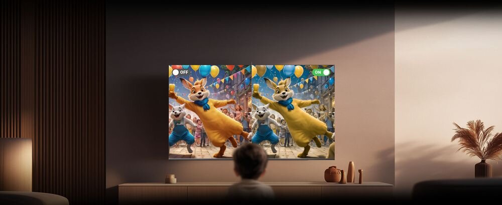 Telewizor METZ 55MQF7500Z Visual Aid lepsze rozróżnianie kolorów, dziecko oglądające bajkę w telewizji